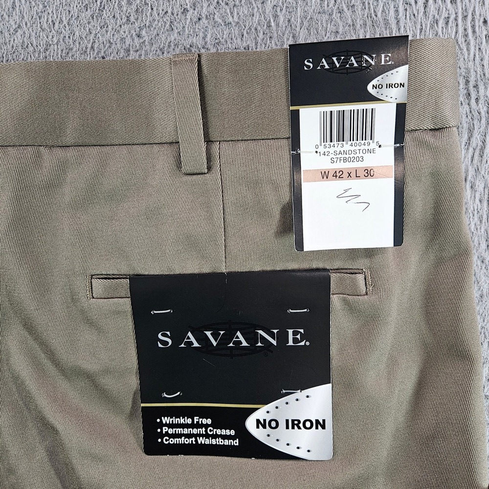 Savane Mens No Iron Cotton Dress Pants 42x30 Sandstone Khaki Flat Front NEW NWT